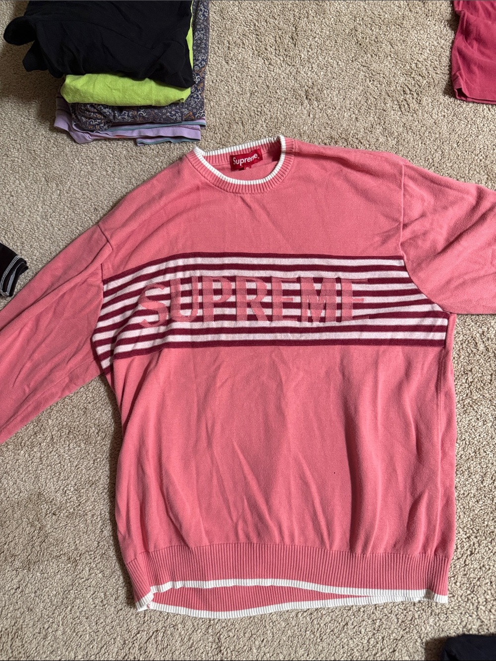 Supreme Pink & White Striped Logo Crewneck